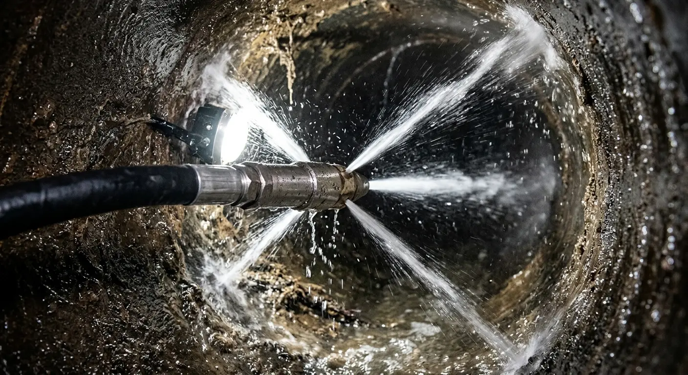 High-pressure hydro jetting nozzle cleaning sewer pipe for Trenchless Sewer Repair in Zephyrhills West