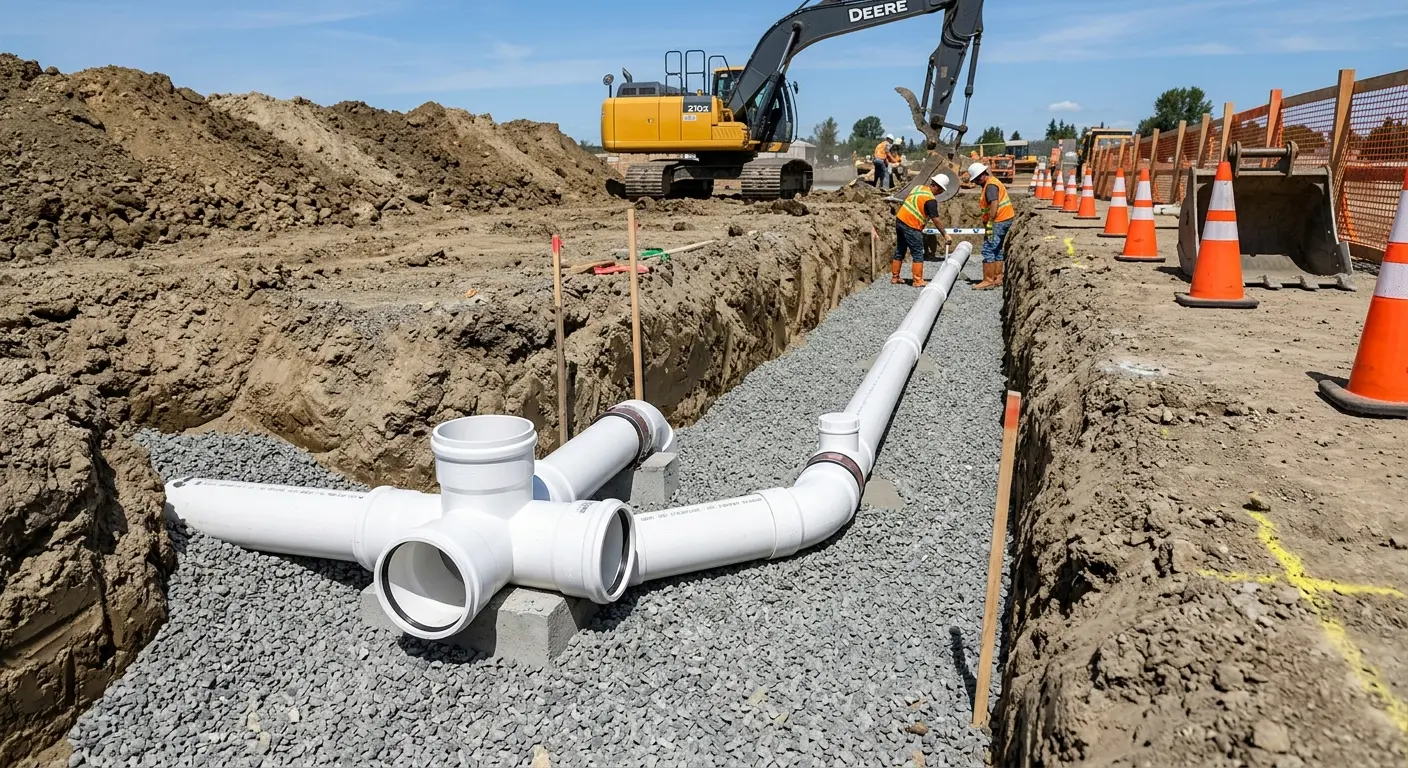 New PVC sewer pipe installation in open trench for Commercial Drain Cleaning in Zephyrhills West