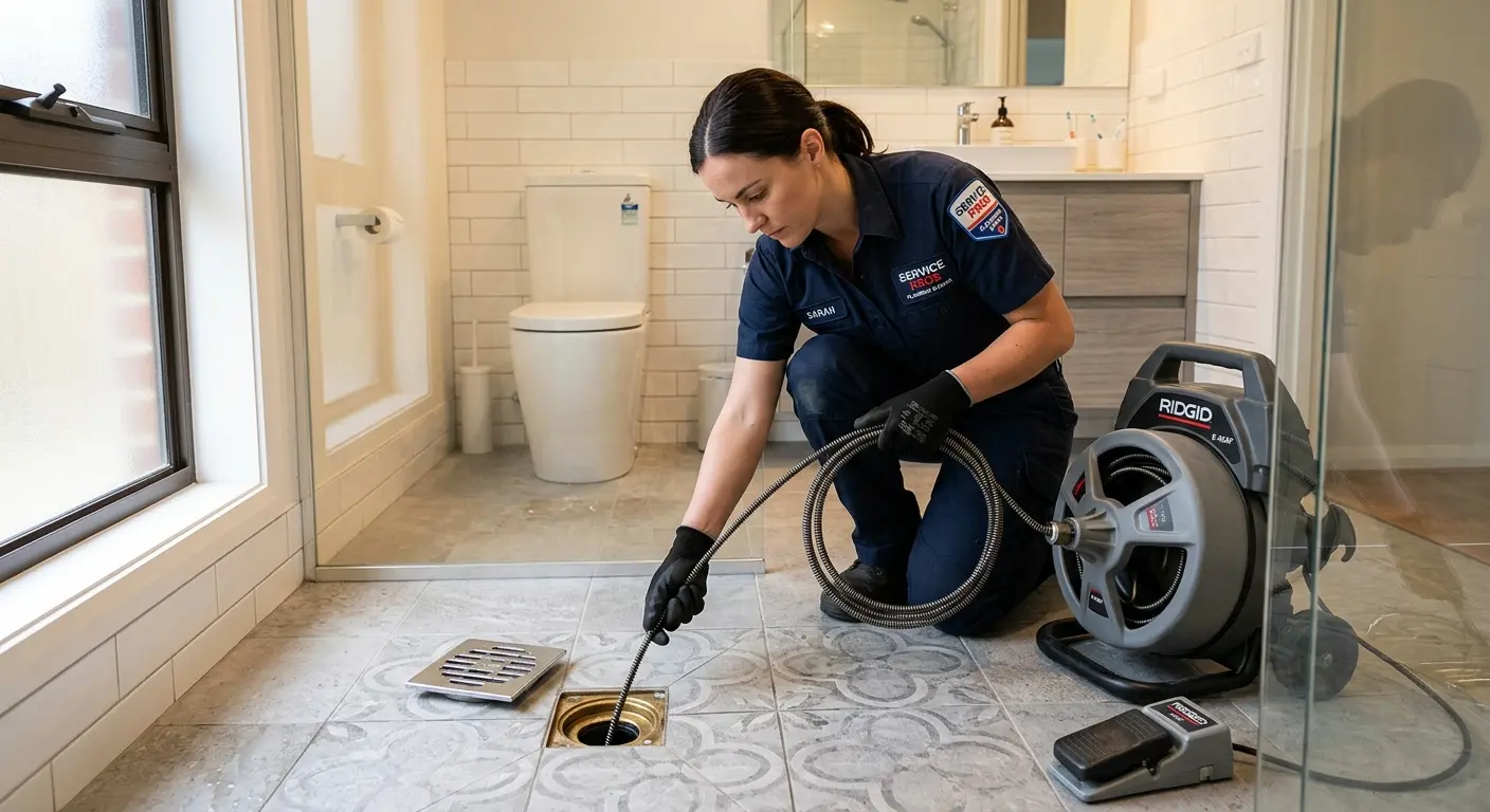 Technician clearing a bathroom floor drain for Drain Repair in Zephyrhills West